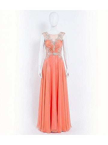 Rachel Allan Beaded Chiffon Prom Gown in Coral (view 1)