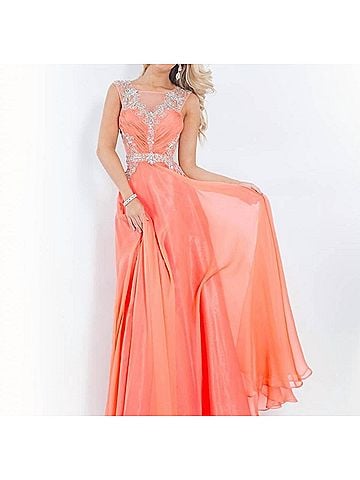 Rachel Allan Beaded Chiffon Prom Gown in Coral (view 2)