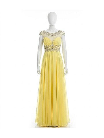 Rachel Allan Beaded High Mesh Neck Chiffon Prom Gown in Yellow (view 1)
