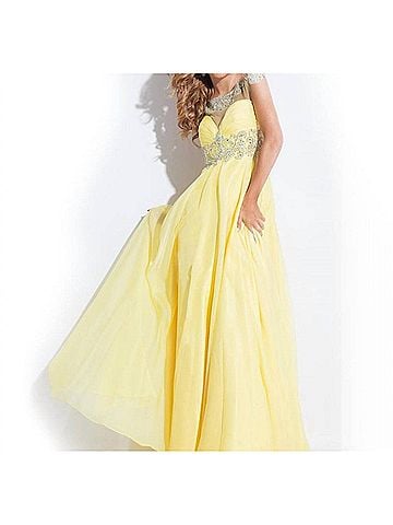 Rachel Allan Beaded High Mesh Neck Chiffon Prom Gown in Yellow (view 2)