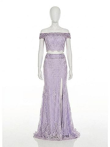 Rachel Allan Beaded Lace Two-Piece Prom Gown With High Slit in Lilac (view 1)