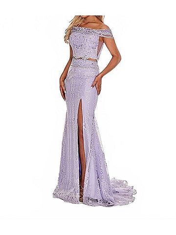 Rachel Allan Beaded Lace Two-Piece Prom Gown With High Slit in Lilac (view 2)