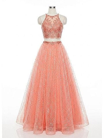 Rachel Allan Embroidered Two-Piece Sequin Tulle Prom Gown in Coral (view 1)