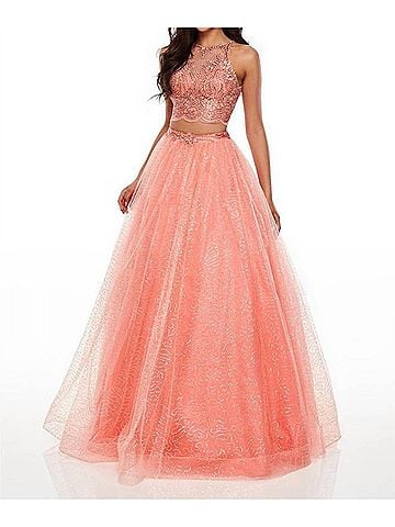 Rachel Allan Embroidered Two-Piece Sequin Tulle Prom Gown in Coral (view 2)