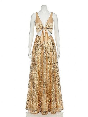 Rachel Allan Mid Cut-Out Metallic Embroidered Prom Gown in Gold (view 1)