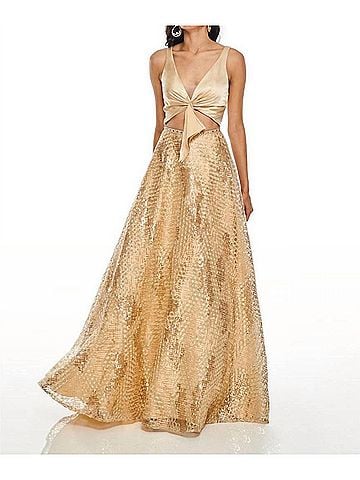 Rachel Allan Mid Cut-Out Metallic Embroidered Prom Gown in Gold (view 2)