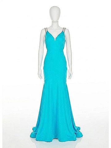Rachel Allan Strappy Open Back Shimmer Jersey Gown With Cutouts in Turquoise (view 1)