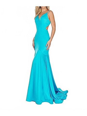 Rachel Allan Strappy Open Back Shimmer Jersey Gown With Cutouts in Turquoise (view 2)