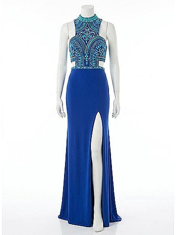 Rachel Allan Beaded Jersey Prom Gown With Cutouts in Royal (view 1)