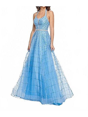 Rachel Allan Glitter Tulle Halter Neck Prom Gown in Periwinkle (view 2)