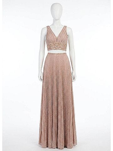 Rachel Allan Pleated Shimmer Woven Two-Piece Prom Gown in Rose Gold (view 1)