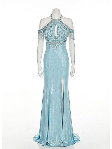 Rachel Allan Lace-Up Back Shimmer Metallic Jersey Prom Gown in Light Blue (view 1)
