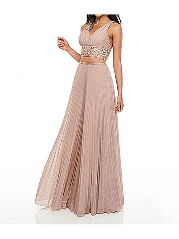 Rachel Allan Pleated Shimmer Woven Two-Piece Prom Gown in Rose Gold (view 2)