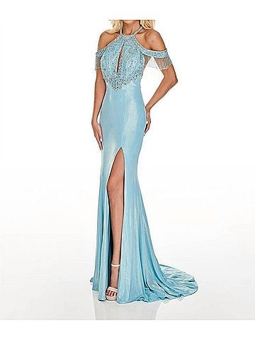 Rachel Allan Lace-Up Back Shimmer Metallic Jersey Prom Gown in Light Blue (view 2)