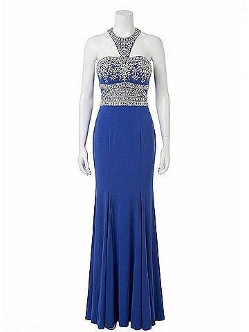 Rachel Allan Halter Neck Beaded Jersey Prom Gown in Royal (view 1)
