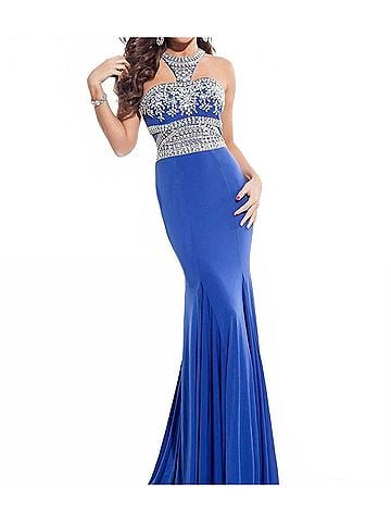 Rachel Allan Halter Neck Beaded Jersey Prom Gown in Royal (view 2)
