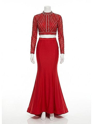 Rachel Allan Long Sleeve Lycra Jersey Two-Piece Beaded Prom Gown in Red (view 1)