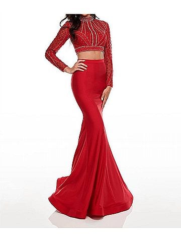 Rachel Allan Long Sleeve Lycra Jersey Two-Piece Beaded Prom Gown in Red (view 2)