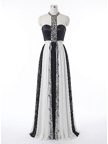 Rachel Allan Chiffon A-Line Prom Gown With Lace Inserts in Black/White (view 1)