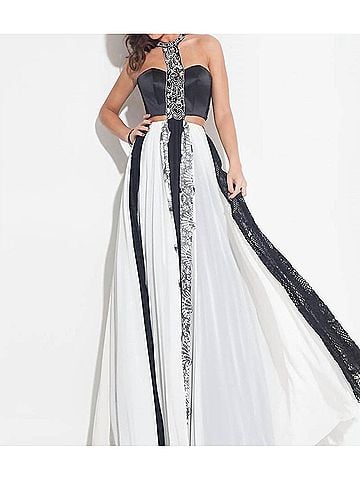 Rachel Allan Chiffon A-Line Prom Gown With Lace Inserts in Black/White (view 2)