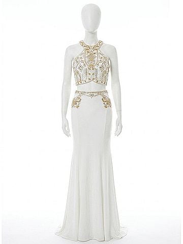 Rachel Allan Two-Piece Beaded Jersey Evening Gown in White (view 1)
