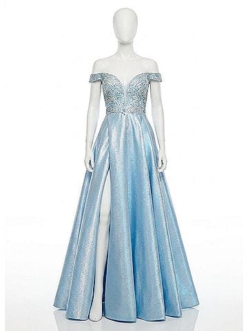 Rachel Allan Off-The-Shoulder A-Line Prom Gown With Ab Crystals in Sky Blue (view 1)