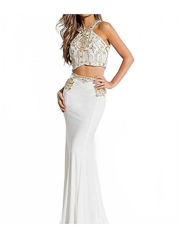 Rachel Allan Two-Piece Beaded Jersey Evening Gown in White (view 2)