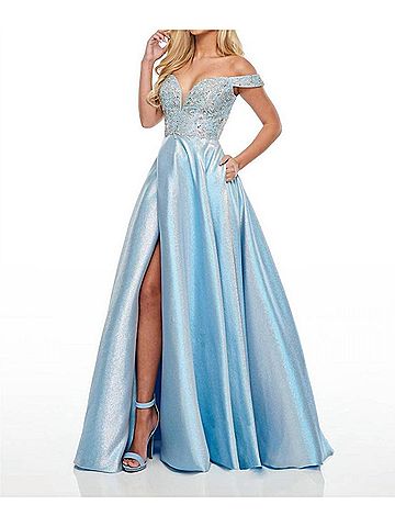 Rachel Allan Off-The-Shoulder A-Line Prom Gown With Ab Crystals in Sky Blue (view 2)
