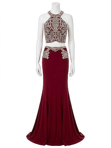 Rachel Allan Two-Piece Beaded Jersey Evening Gown in Marsala (view 1)