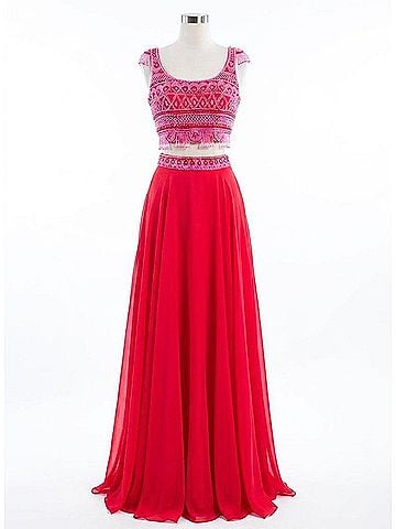 Rachel Allan Two-Piece Beaded Chiffon Prom Gown in Red (view 1)