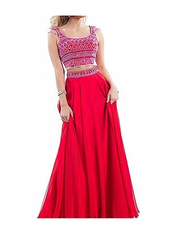 Rachel Allan Two-Piece Beaded Chiffon Prom Gown in Red (view 2)
