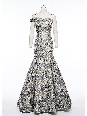 Rachel Allan Metallic Floral Jacquard Mermaid Prom Gown in Navy/Gold (view 1)