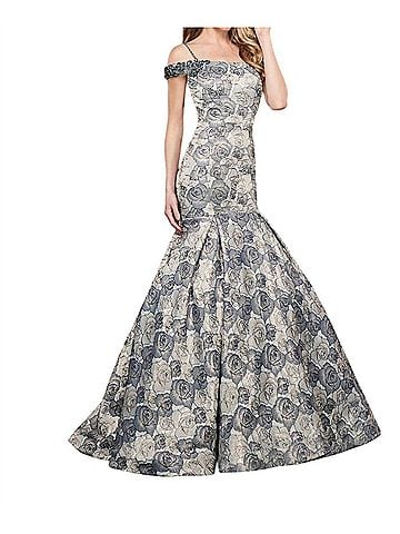 Rachel Allan Metallic Floral Jacquard Mermaid Prom Gown in Navy/Gold (view 2)