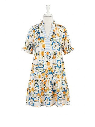 THML Citrus Tile Print Puff Sleeve Mini Dress in Orange (view 1)