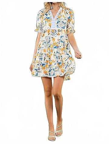 THML Citrus Tile Print Puff Sleeve Mini Dress in Orange (view 2)