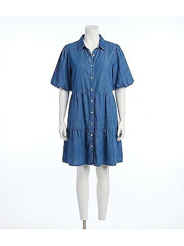 Karen Kane Puff Sleeve Tiered Shirtdress - Plus in Chambray (view 1)