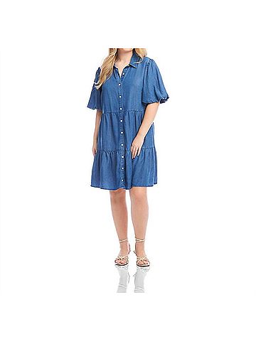 Karen Kane Puff Sleeve Tiered Shirtdress - Plus in Chambray (view 2)