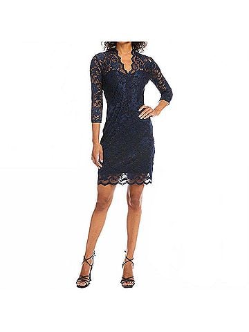 Karen Kane V-Neck Scallop Hem Lace Dress in Navy (view 2)