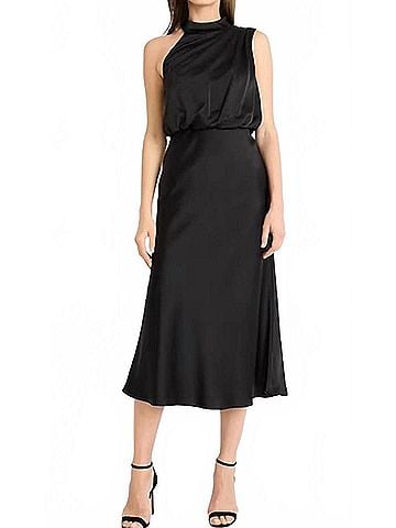 Maggy London One Shoulder Asymmetrical Midi Dress in Black (view 2)