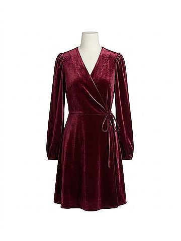 Molly Bracken Faux Wrap Velvet Dress in Dark Red (view 1)