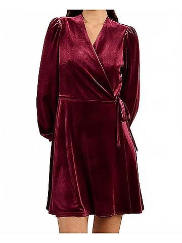 Molly Bracken Faux Wrap Velvet Dress in Dark Red (view 2)