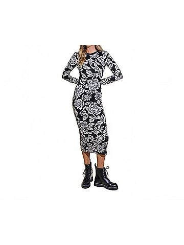 Flying Tomato Jacquard Knit Midi Sweater Dress in Black/White/Metallic (view 2)