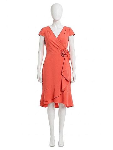 London Times Cap Sleeve Wrap Dress With Cascade Ruffle in Hot Coral (view 1)