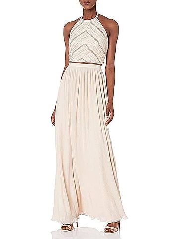 Aidan Mattox Halter Neck Two-Piece Long Dress in Champagne (view 2)