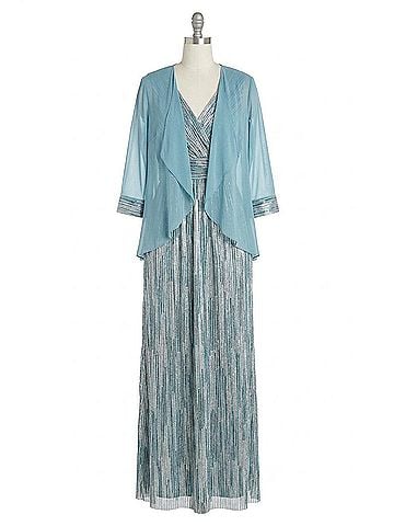 R&M Richards Metallic Platter Dress With Removable Sheer-Sleeve Jacket Set in Slate (view 1)