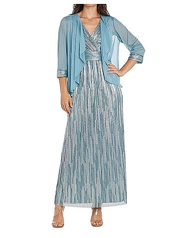 R&M Richards Metallic Platter Dress With Removable Sheer-Sleeve Jacket Set in Slate (view 2)