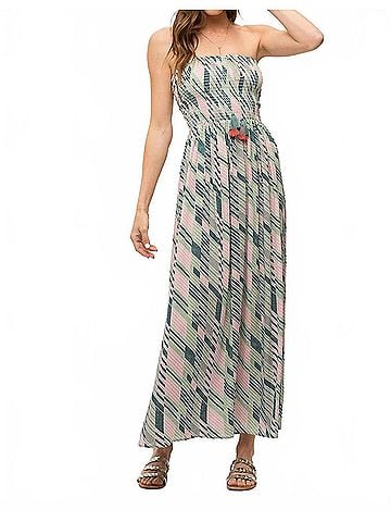Mystree Palm Tree Vibes Strapless Maxi Dress in Teal/Mauve (view 2)