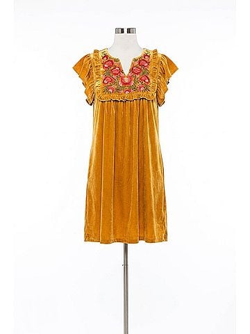 THML Fall Feels Velvet Embroidered Dress in Gold (view 1)