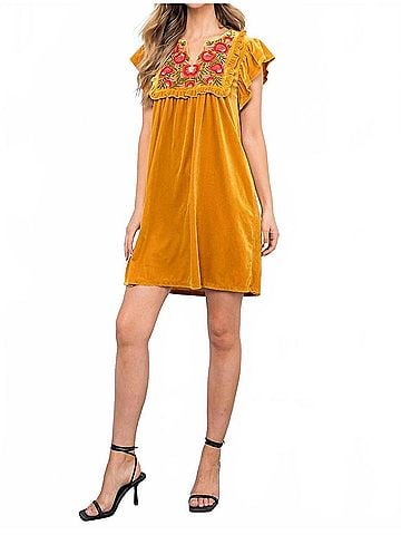 THML Fall Feels Velvet Embroidered Dress in Gold (view 2)