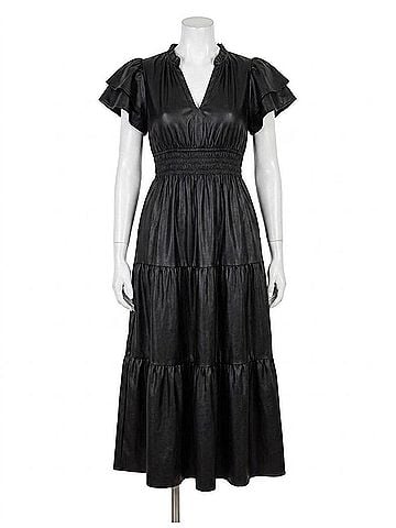 THML Flutter Sleeve Leather Midi Dress in Green (view 1)